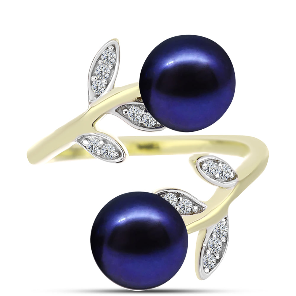 Anillo de Plata Bañada en Oro con Perla Negra de Agua dulce y Topacio Blanco 1 