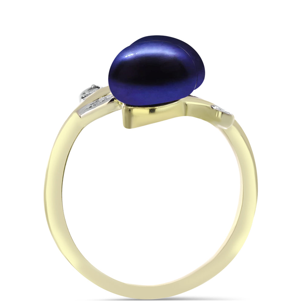 Anillo de Plata Bañada en Oro con Perla Negra de Agua dulce y Topacio Blanco