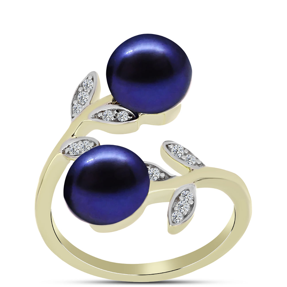 Anillo de Plata Bañada en Oro con Perla Negra de Agua dulce y Topacio Blanco