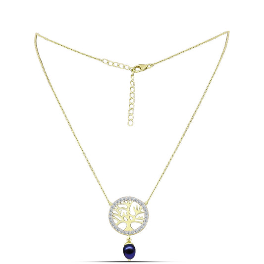 Collar de Plata Bañada en Oro con Perla Negra de Agua dulce y Topacio Blanco