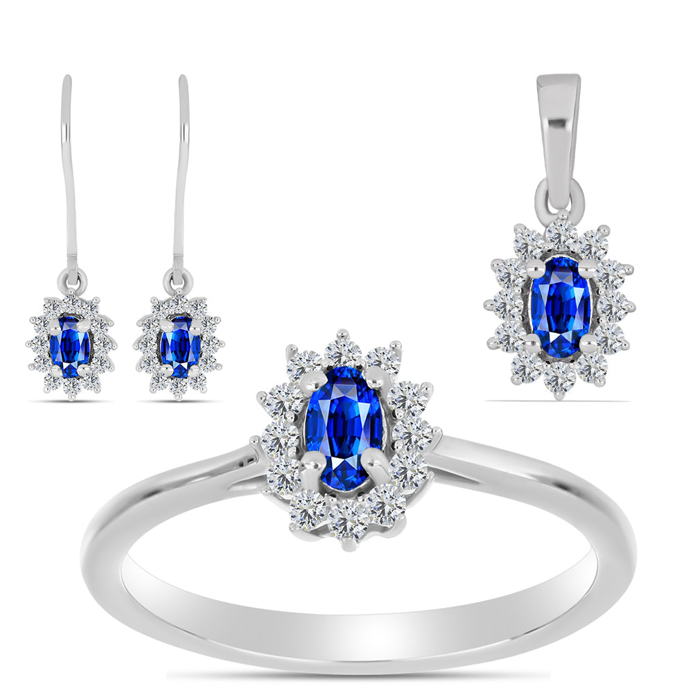 Conjunto de Plata con Zafiro Azul Australiano y Topacio Blanco ( Pendientes +Anillo +Colgante ) 1 