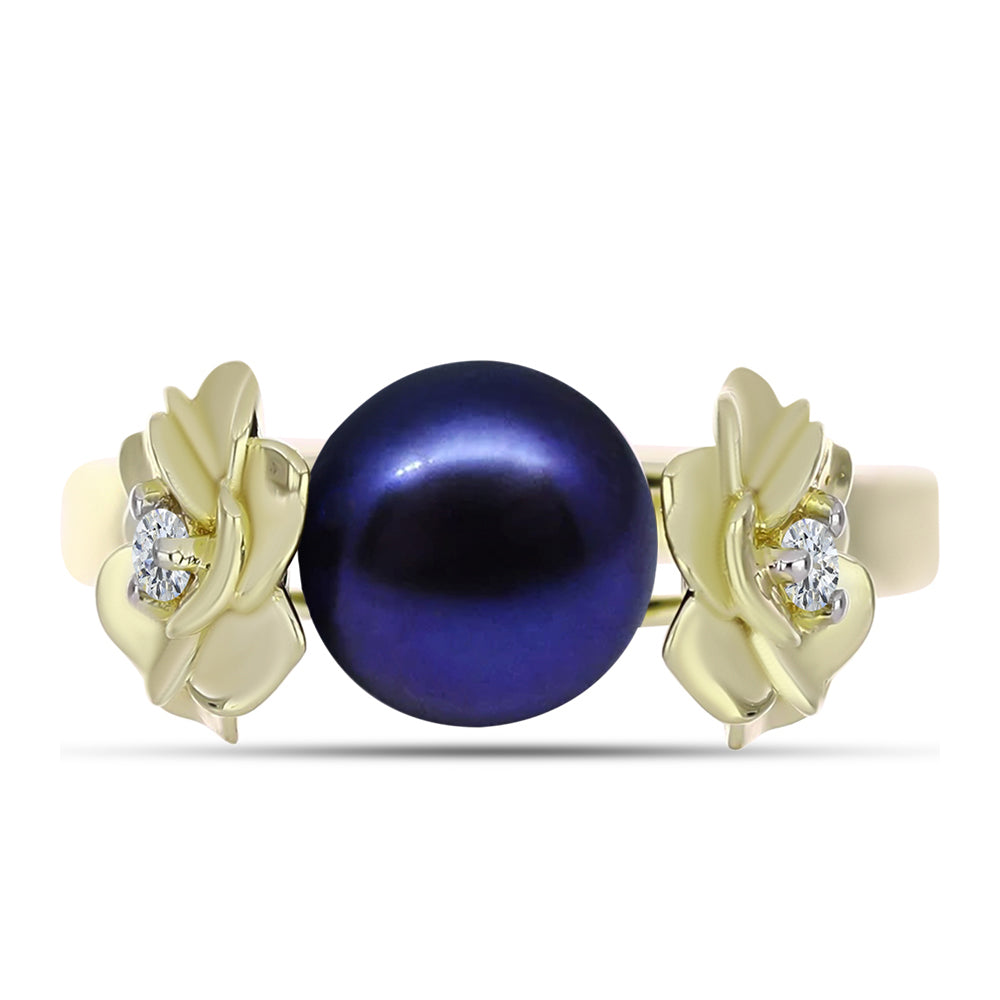 Anillo de Plata Bañada en Oro con Perla Negra de Agua dulce y Topacio Blanco