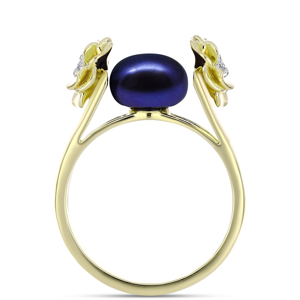 Anillo de Plata Bañada en Oro con Perla Negra de Agua dulce y Topacio Blanco 2 
