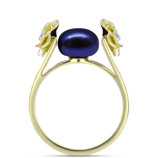Anillo de Plata Bañada en Oro con Perla Negra de Agua dulce y Topacio Blanco