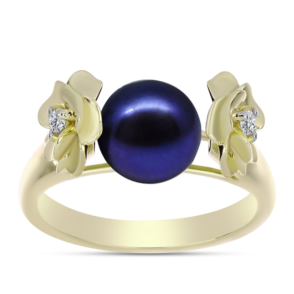Anillo de Plata Bañada en Oro con Perla Negra de Agua dulce y Topacio Blanco