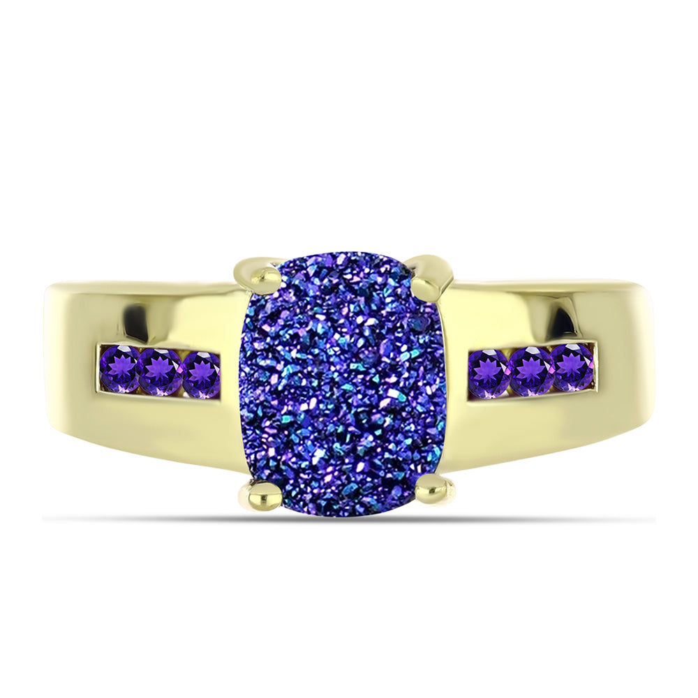 Anillo de Plata Bañada en Oro con Drusa Purpura y Amatista de Marruecos 5 