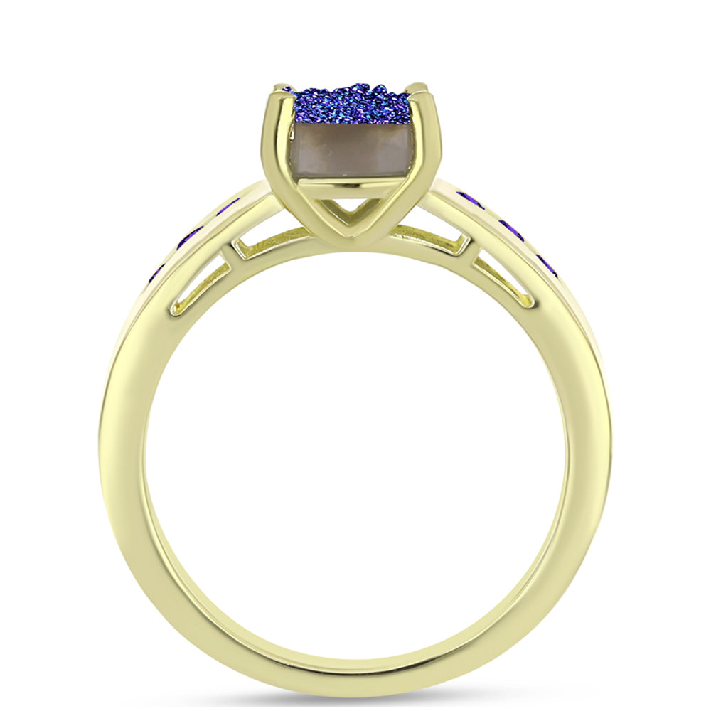 Anillo de Plata Bañada en Oro con Drusa Purpura y Amatista de Marruecos 2 
