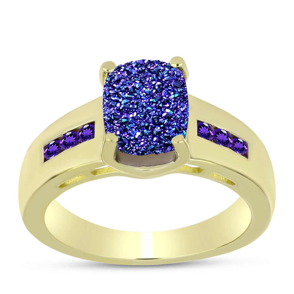 Anillo de Plata Bañada en Oro con Drusa Purpura y Amatista de Marruecos