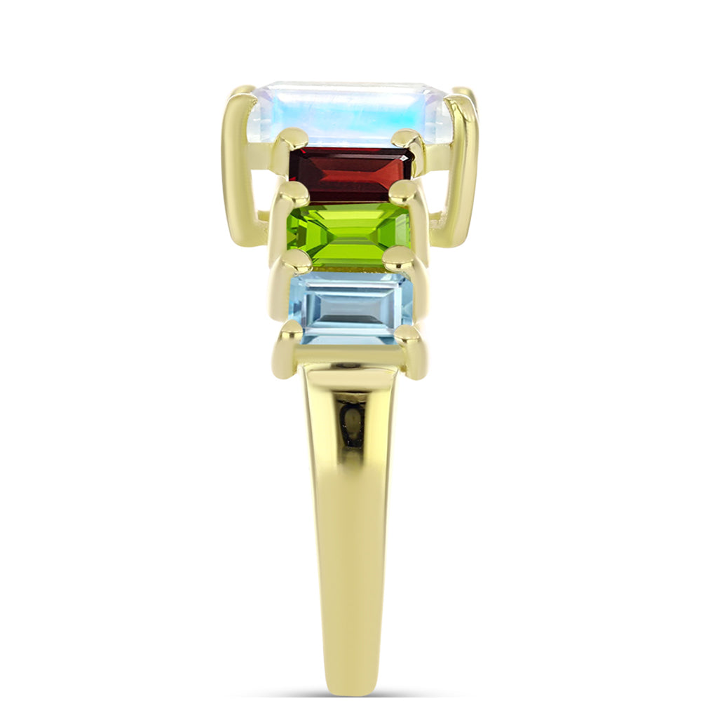 Anillo de Plata Bañada en Oro con Piedra Lunar Arco Iris y Granate Barton 4 