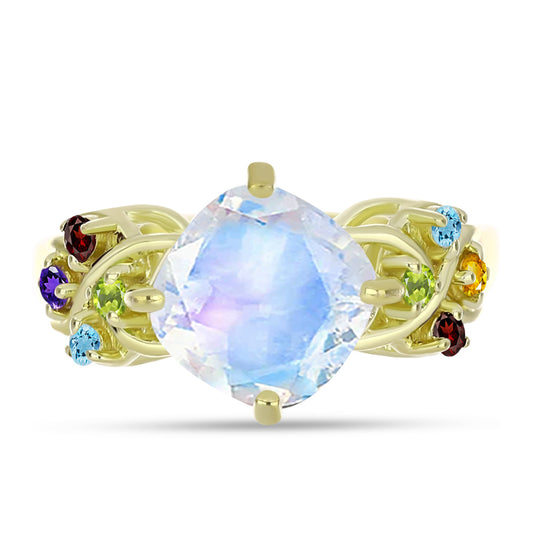 Anillo de Plata Bañada en Oro con Piedra Lunar Arco Iris y Amatista de Marruecos