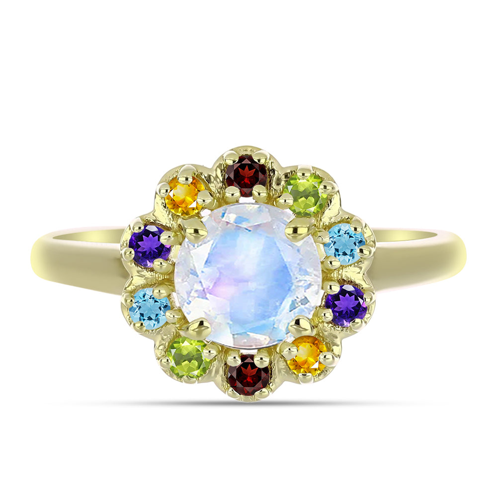 Anillo de Plata Bañada en Oro con Piedra Lunar Arco Iris y Amatista de Marruecos 1 