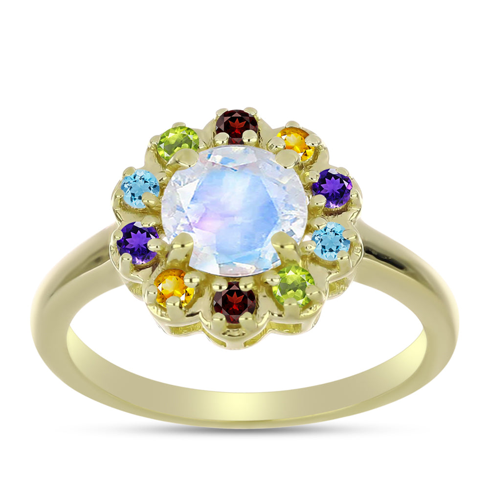 Anillo de Plata Bañada en Oro con Piedra Lunar Arco Iris y Amatista de Marruecos