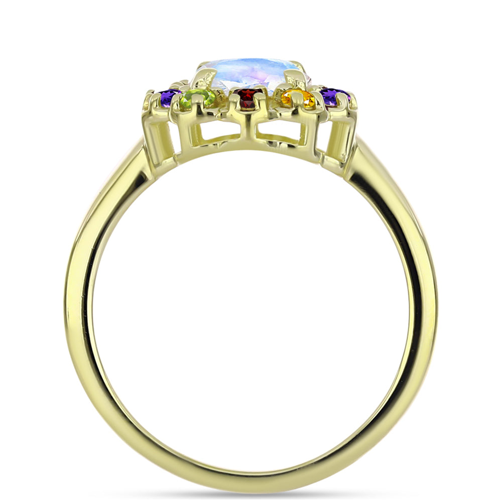 Anillo de Plata Bañada en Oro con Piedra Lunar Arco Iris y Amatista de Marruecos