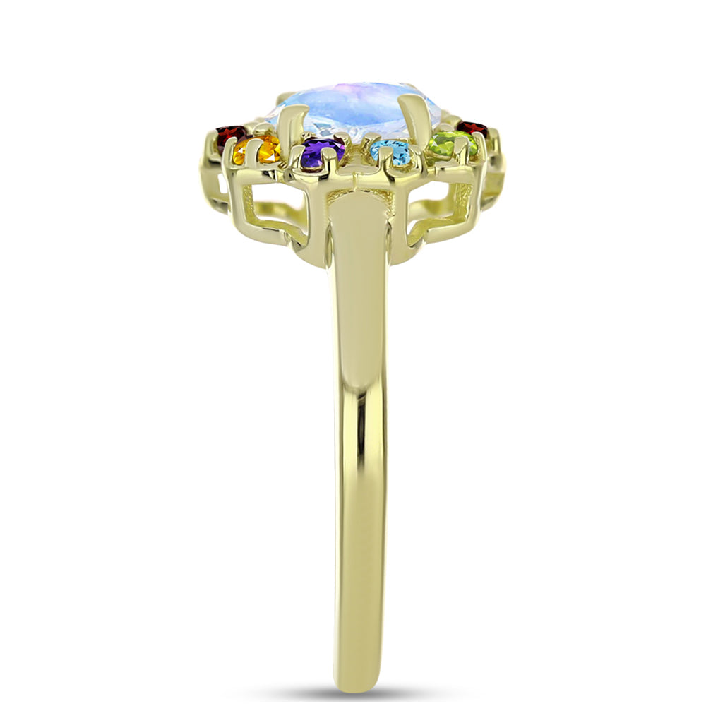 Anillo de Plata Bañada en Oro con Piedra Lunar Arco Iris y Amatista de Marruecos