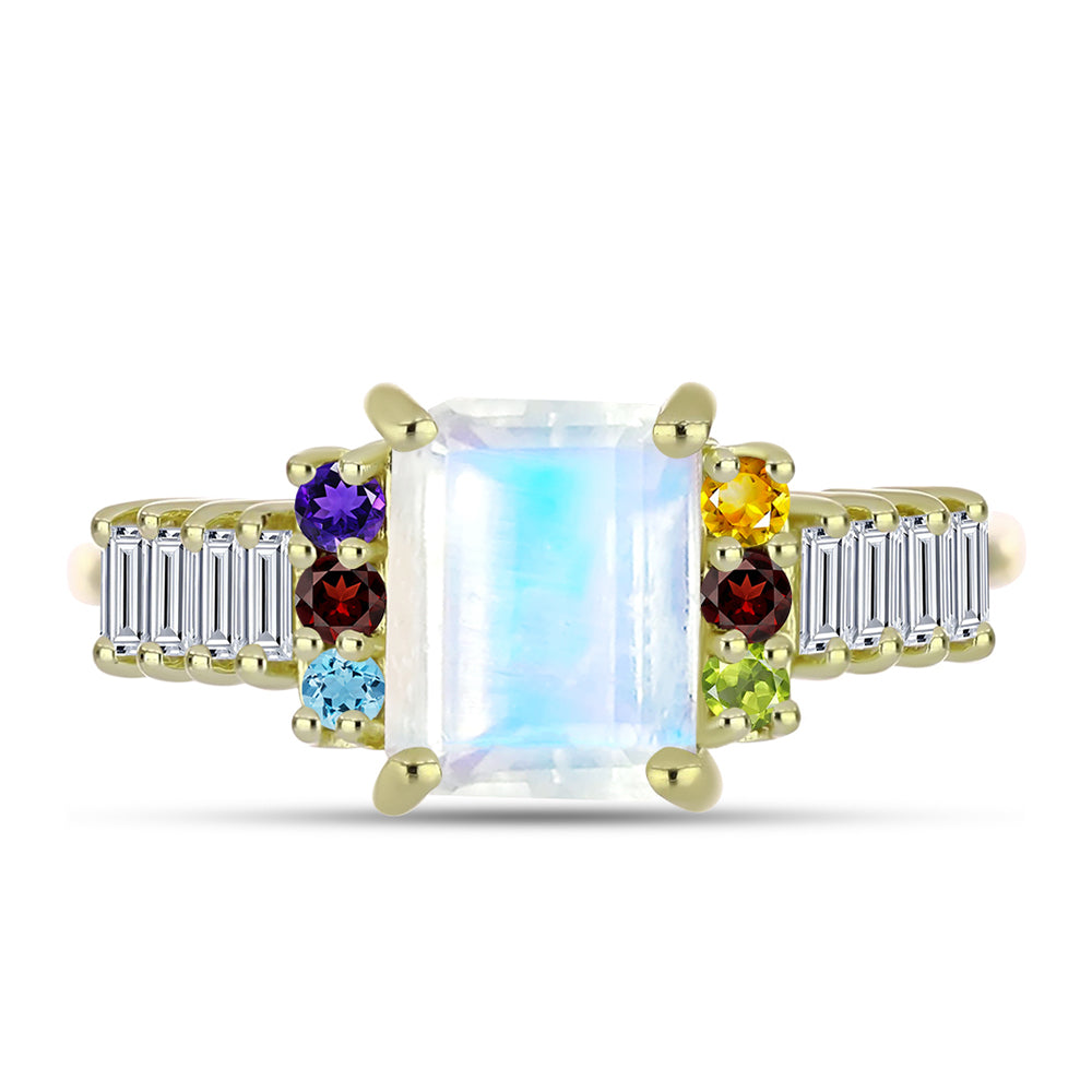 Anillo de Plata Bañada en Oro con Piedra Lunar Arco Iris y Amatista de Marruecos 1 