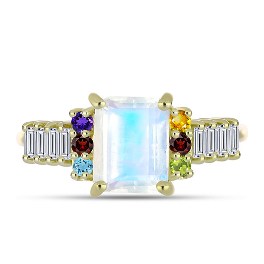 Anillo de Plata Bañada en Oro con Piedra Lunar Arco Iris y Amatista de Marruecos