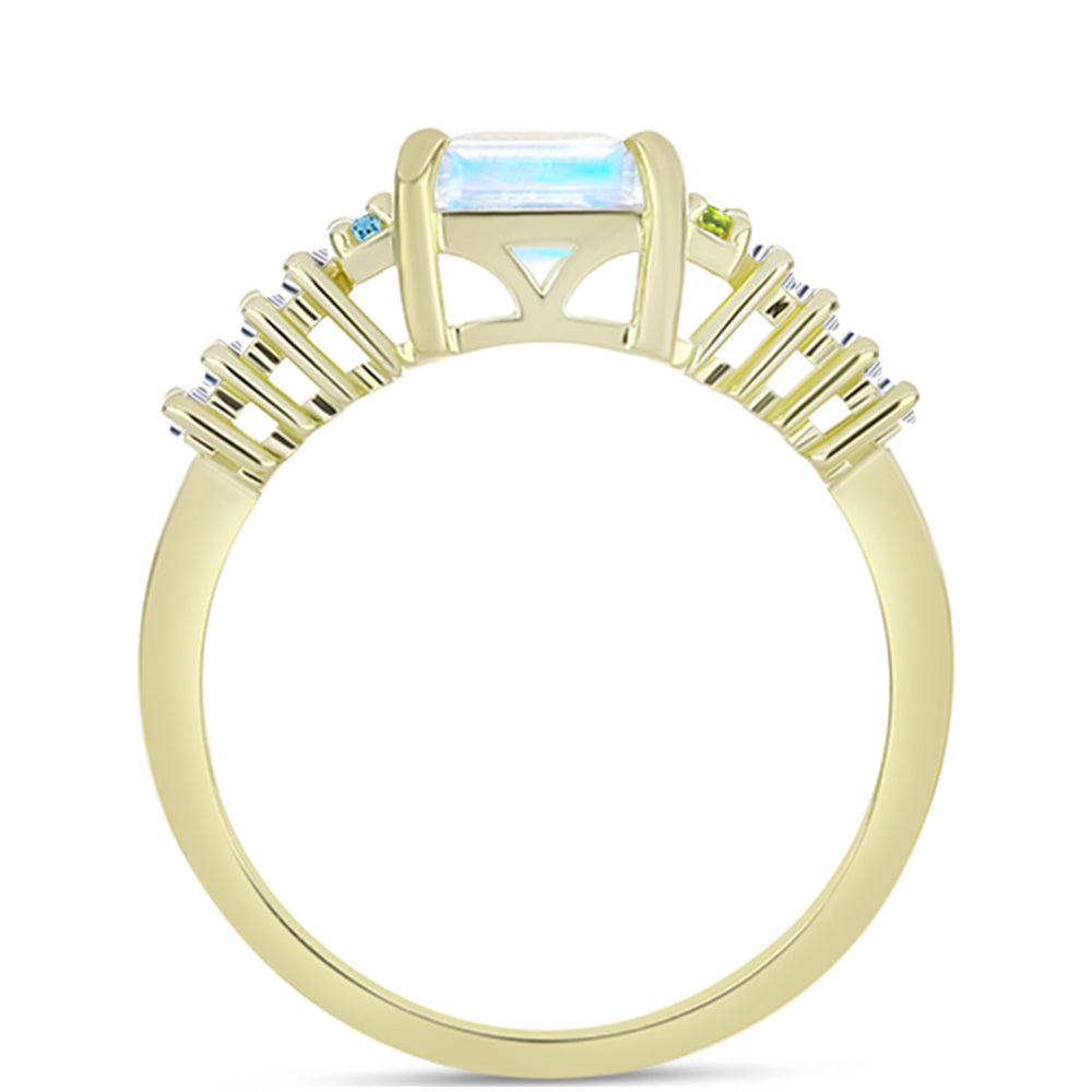 Anillo de Plata Bañada en Oro con Piedra Lunar Arco Iris y Amatista de Marruecos