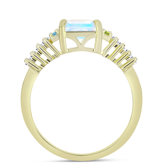 Anillo de Plata Bañada en Oro con Piedra Lunar Arco Iris y Amatista de Marruecos