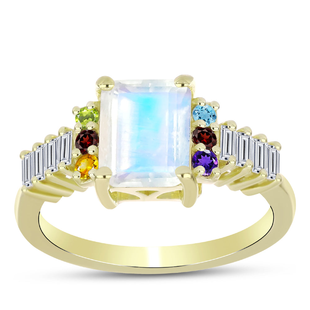 Anillo de Plata Bañada en Oro con Piedra Lunar Arco Iris y Amatista de Marruecos