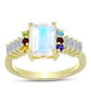 Anillo de Plata Bañada en Oro con Piedra Lunar Arco Iris y Amatista de Marruecos