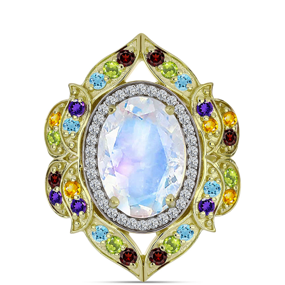 Anillo de Plata Bañada en Oro con Piedra Lunar Arco Iris y Amatista de Marruecos 9 