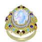 Anillo de Plata Bañada en Oro con Piedra Lunar Arco Iris y Amatista de Marruecos