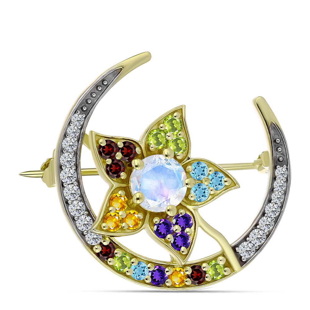 Broche de Plata Bañada en Oro con Piedra Lunar Arco Iris y Amatista de Marruecos