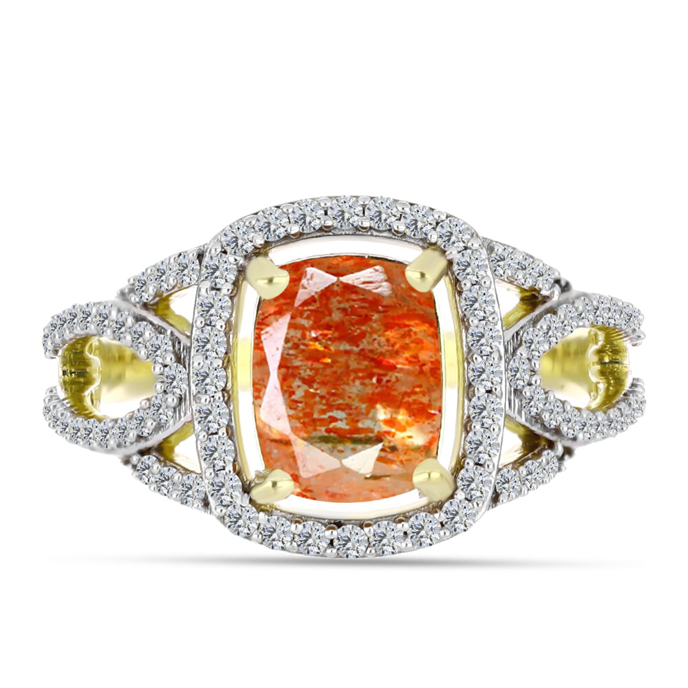 Anillo de Plata Bañada en Oro con Piedra Solar de Oregon y Topacio Blanco 1 