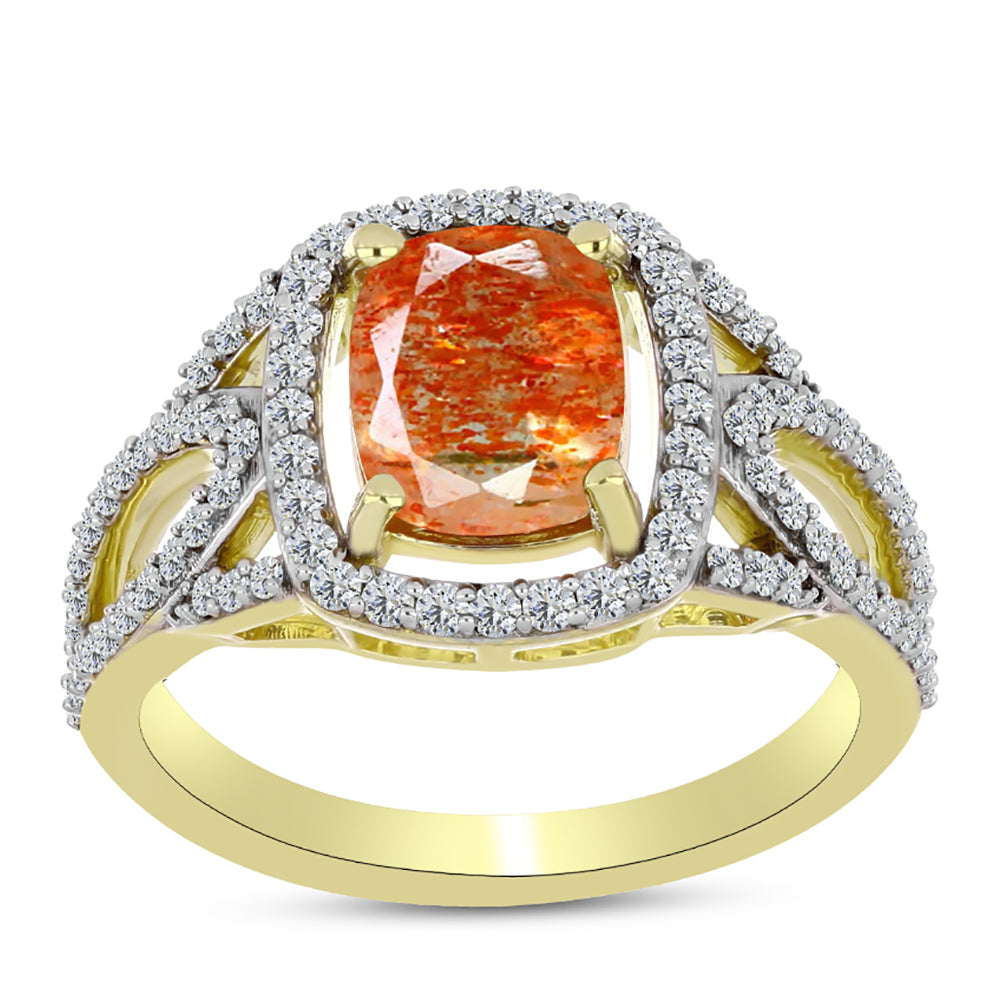 Anillo de Plata Bañada en Oro con Piedra Solar de Oregon y Topacio Blanco