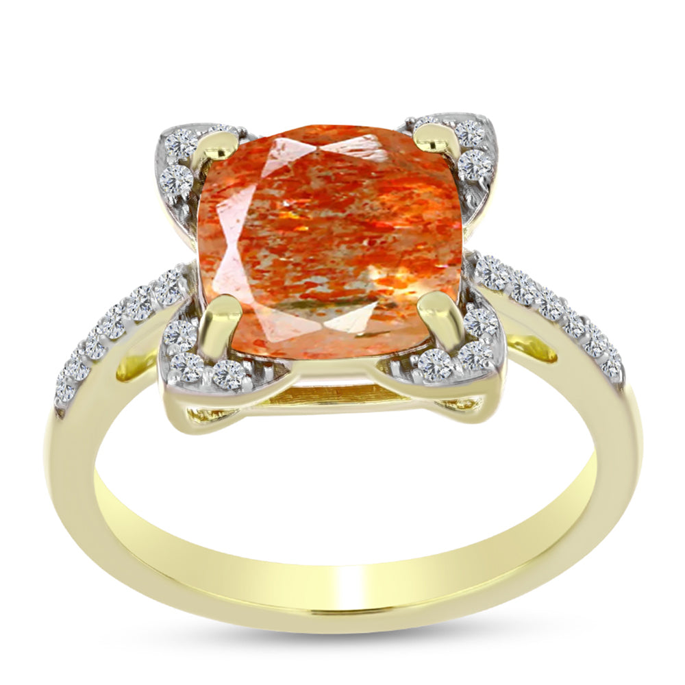 Anillo de Plata Bañada en Oro con Piedra Solar de Oregon y Topacio Blanco 3 