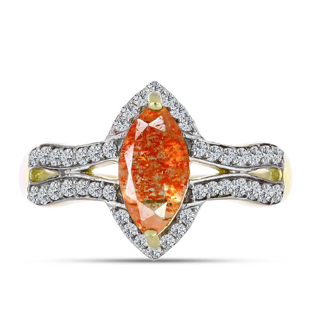 Anillo de Plata Bañada en Oro con Piedra Solar de Oregon y Topacio Blanco 1 