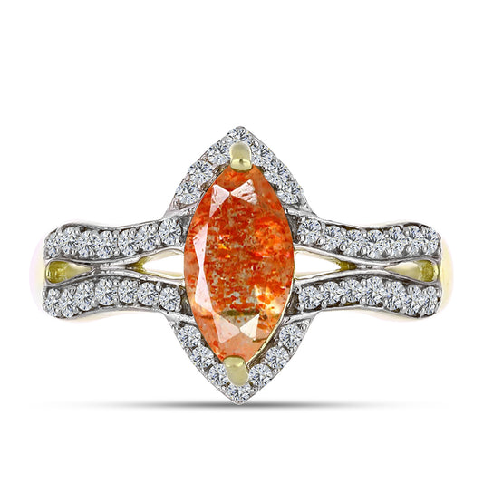 Anillo de Plata Bañada en Oro con Piedra Solar de Oregon y Topacio Blanco