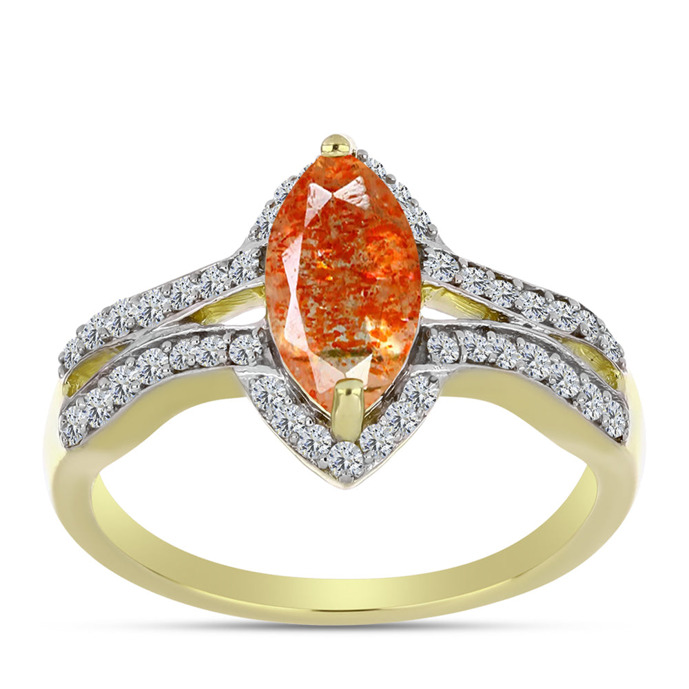Anillo de Plata Bañada en Oro con Piedra Solar de Oregon y Topacio Blanco
