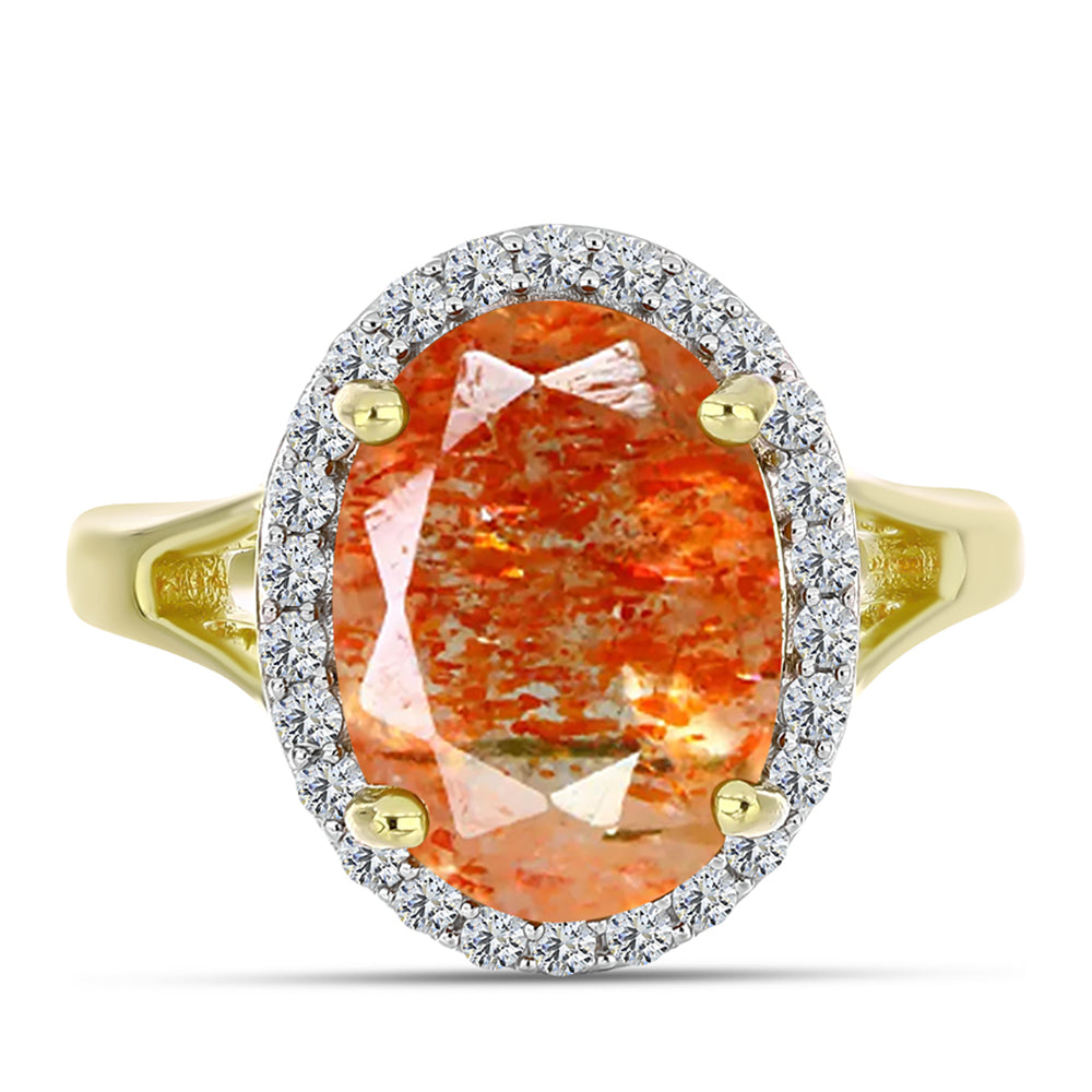 Anillo de Plata Bañada en Oro con Piedra Solar de Oregon y Topacio Blanco 1 