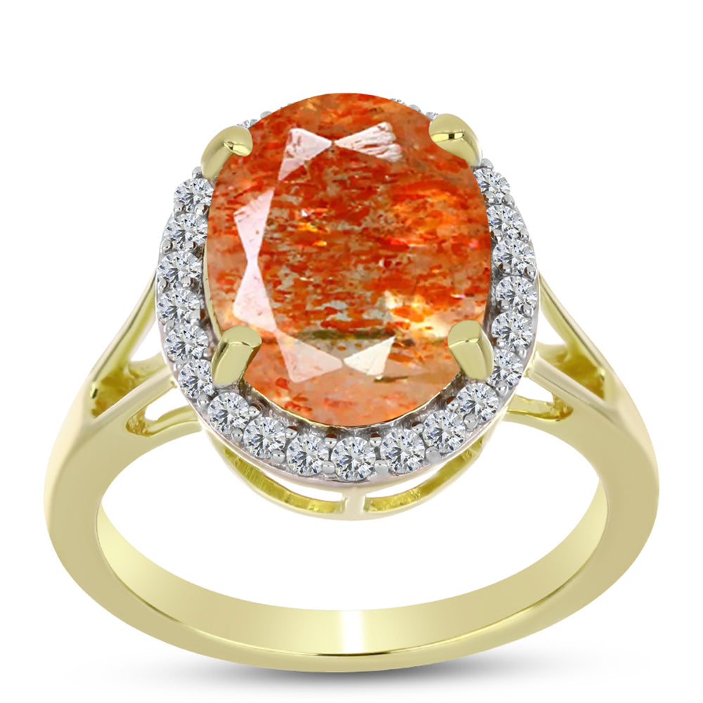 Anillo de Plata Bañada en Oro con Piedra Solar de Oregon y Topacio Blanco