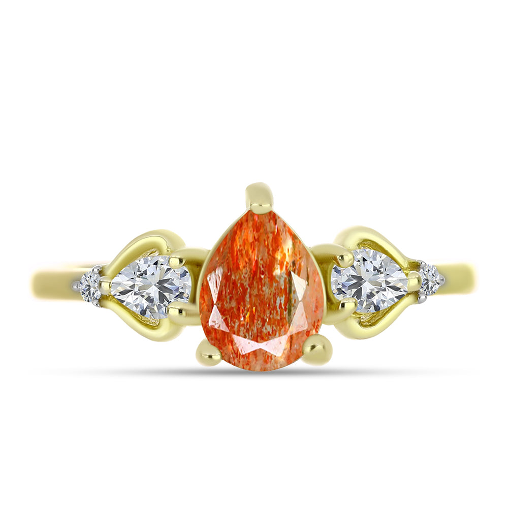 Anillo de Plata Bañada en Oro con Piedra Solar de Oregon y Topacio Blanco