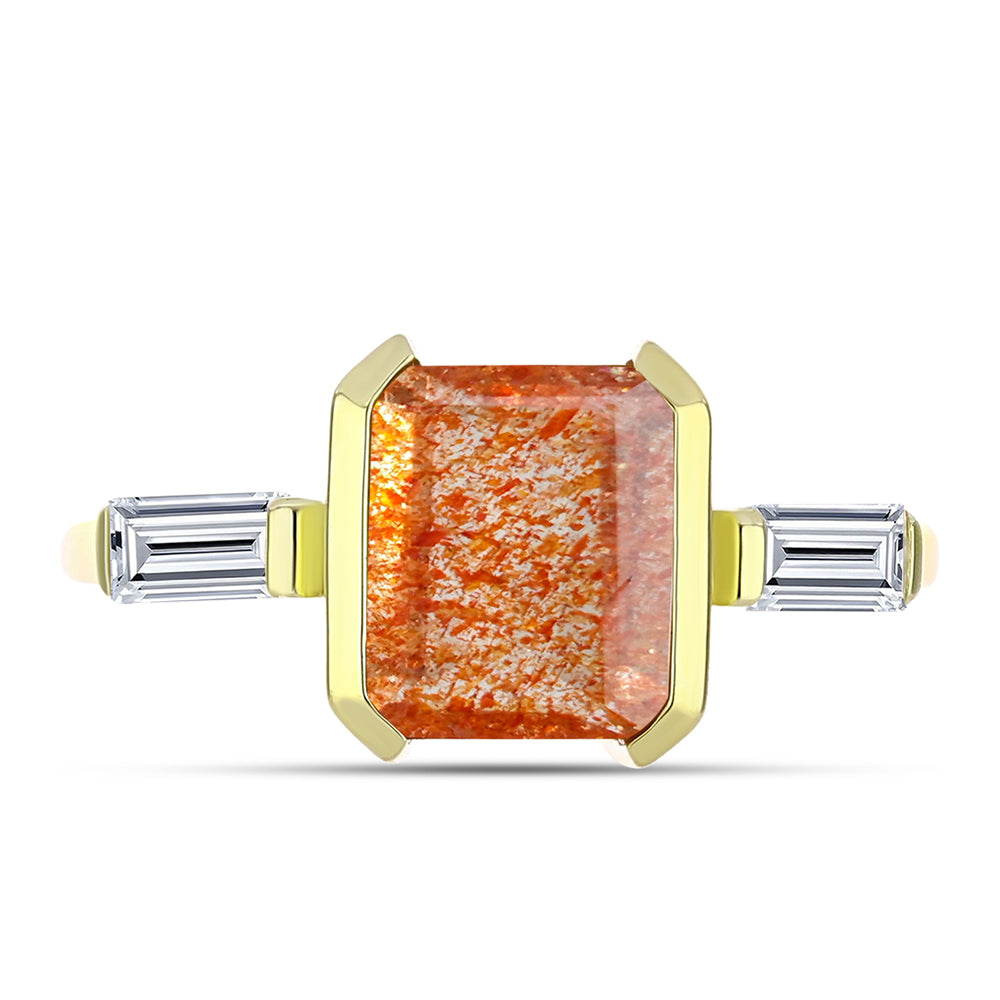 Anillo de Plata Bañada en Oro con Piedra Solar de Oregon y Topacio Blanco 1 