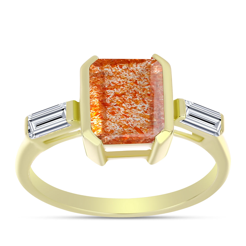 Anillo de Plata Bañada en Oro con Piedra Solar de Oregon y Topacio Blanco 3 