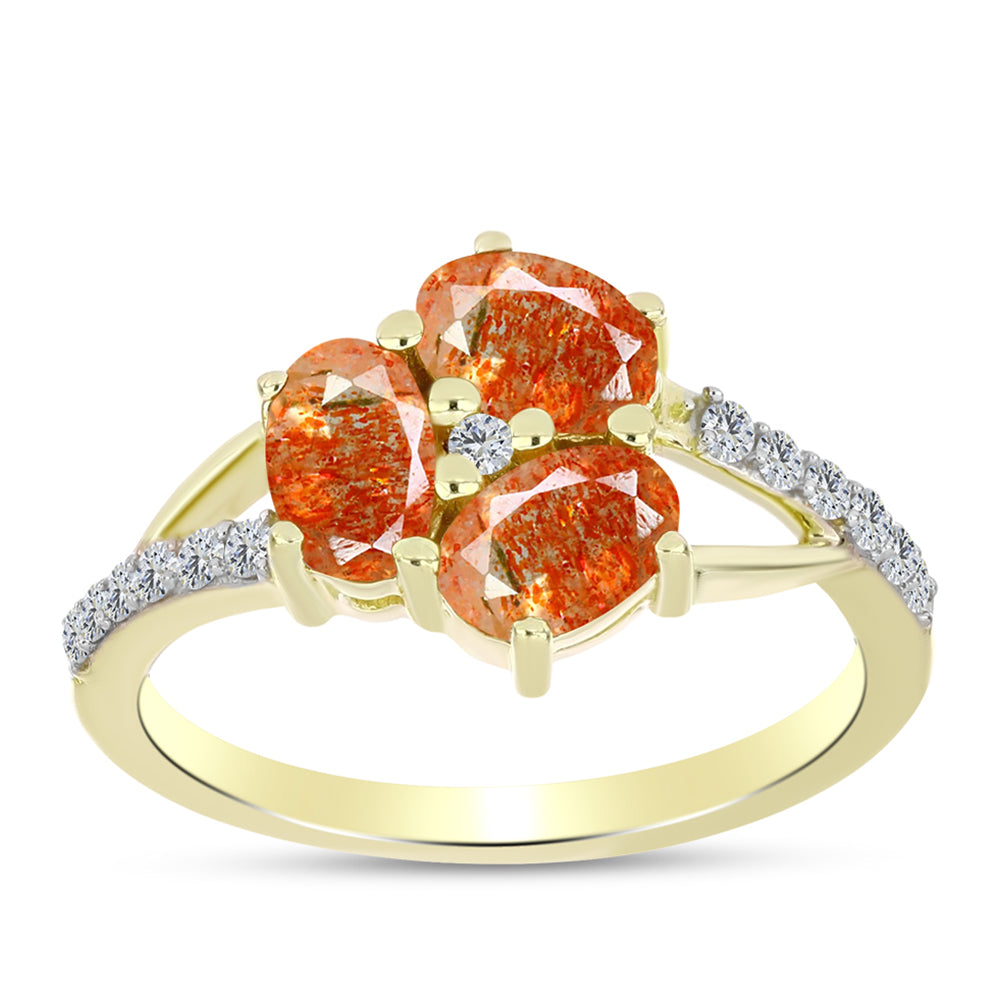 Anillo de Plata Bañada en Oro con Piedra Solar de Oregon y Topacio Blanco 3 