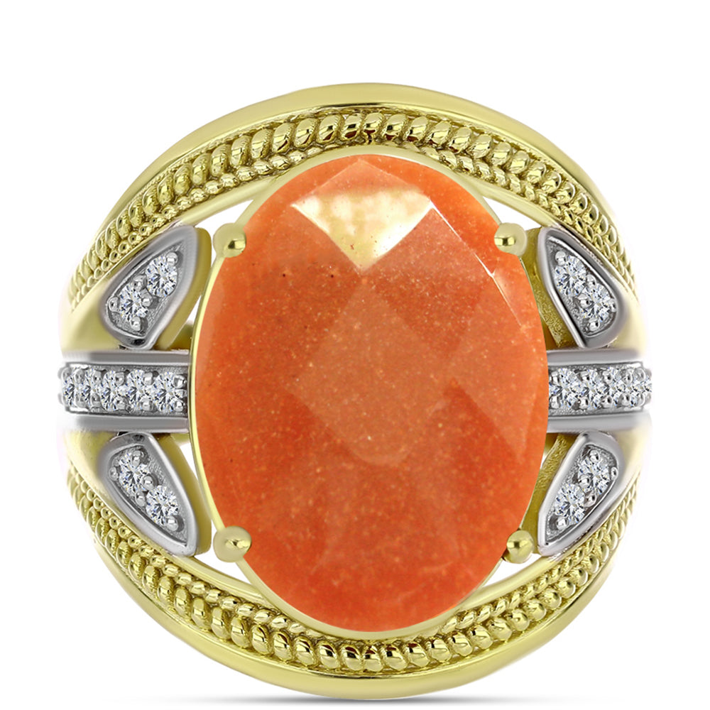 Anillo de Plata Bañada en Oro con Piedra Solar de Oregon y Topacio Blanco 1 