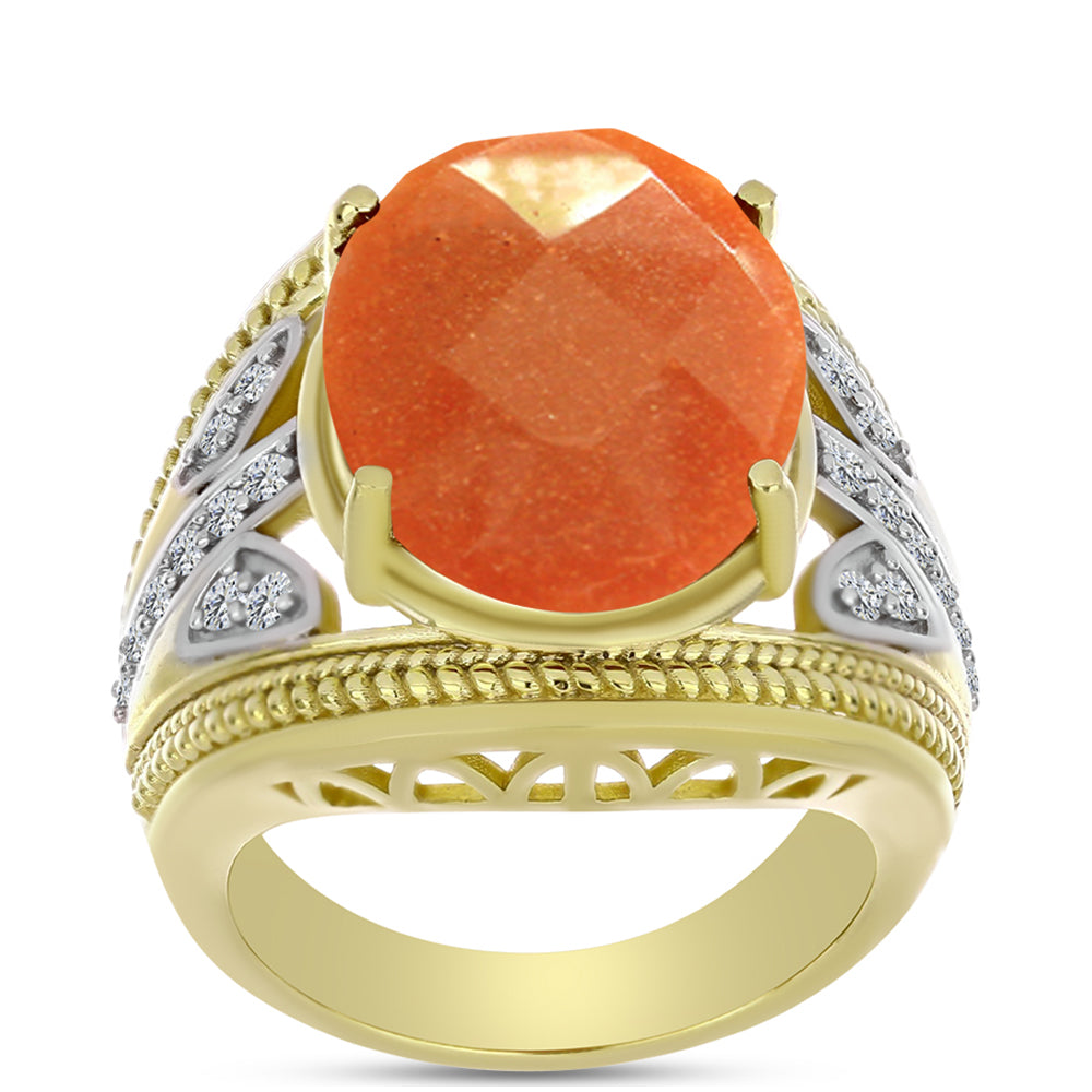 Anillo de Plata Bañada en Oro con Piedra Solar de Oregon y Topacio Blanco 3 
