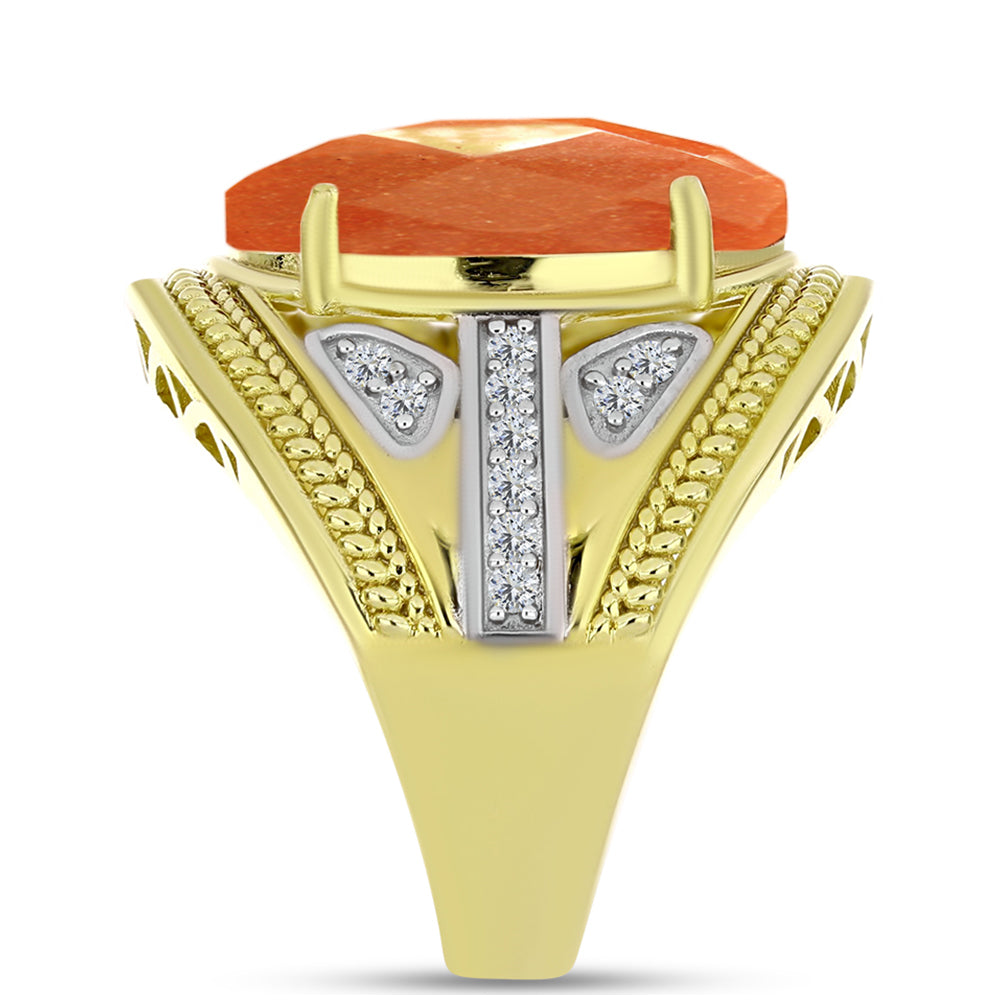Anillo de Plata Bañada en Oro con Piedra Solar de Oregon y Topacio Blanco