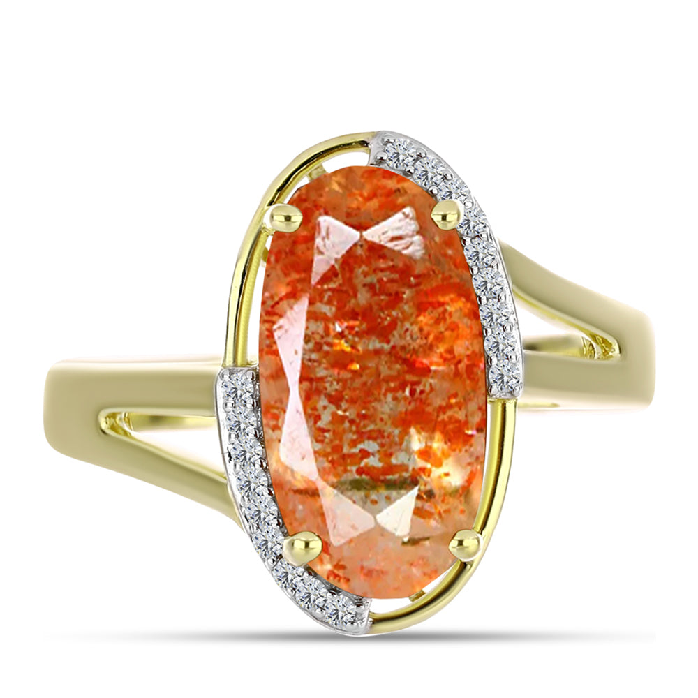 Anillo de Plata Bañada en Oro con Piedra Solar de Oregon y Topacio Blanco