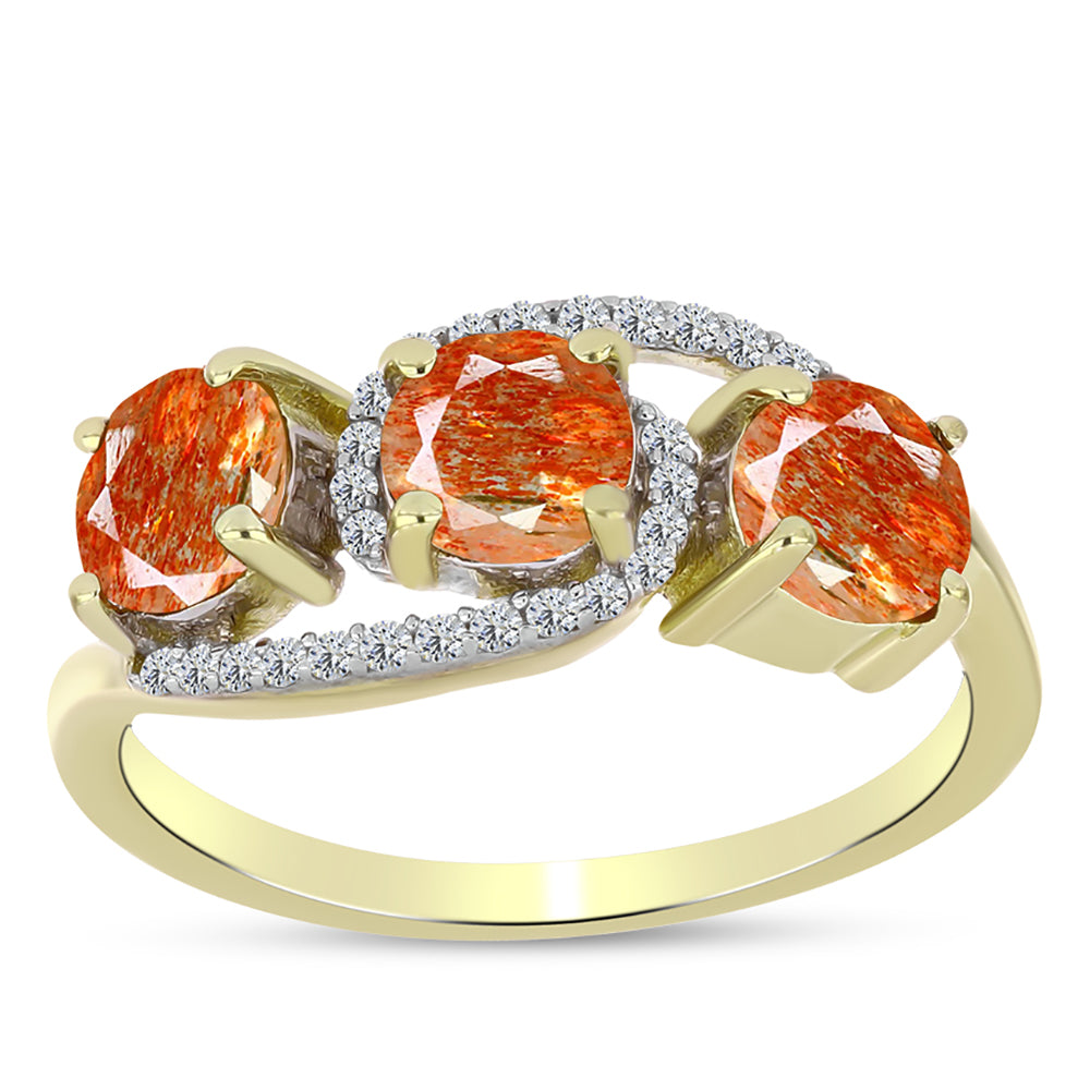Anillo de Plata Bañada en Oro con Piedra Solar de Oregon y Topacio Blanco