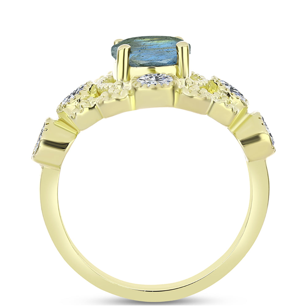 Anillo de Plata Bañada en Oro con Labradorita y Topacio Blanco 2 