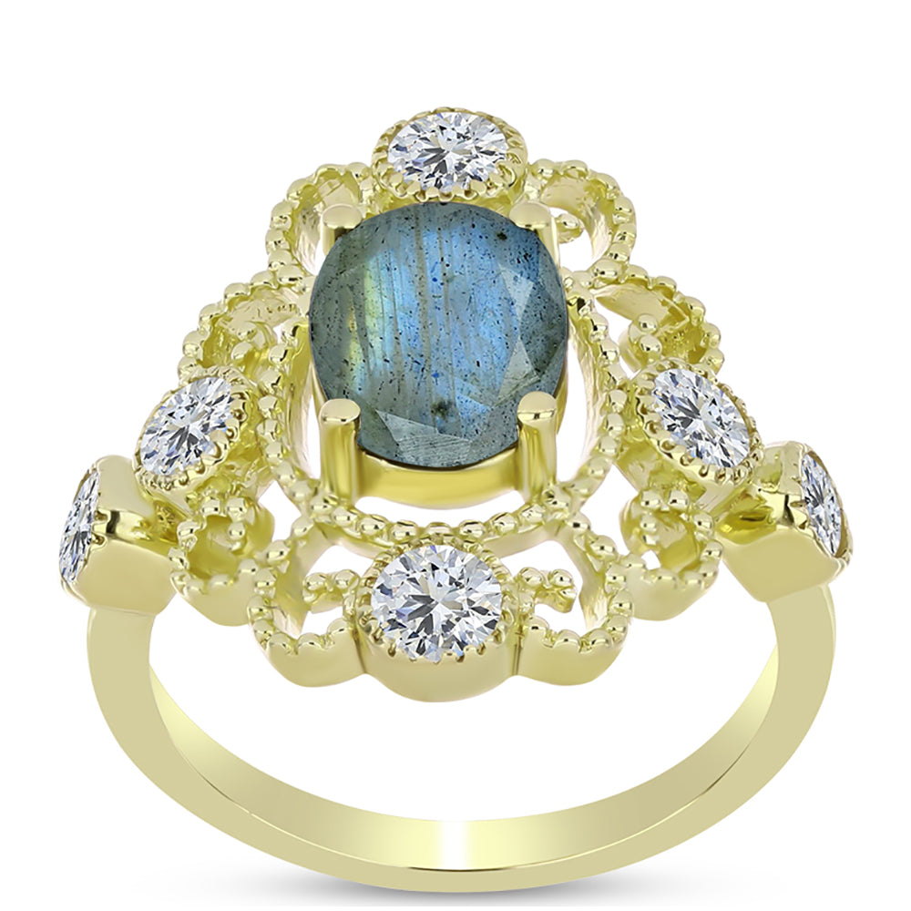 Anillo de Plata Bañada en Oro con Labradorita y Topacio Blanco 3 
