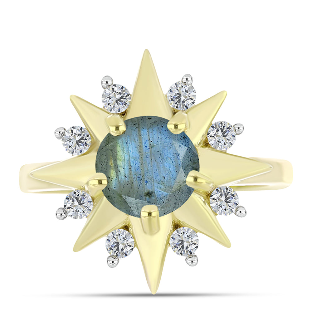 Anillo de Plata Bañada en Oro con Labradorita y Topacio Blanco 1 