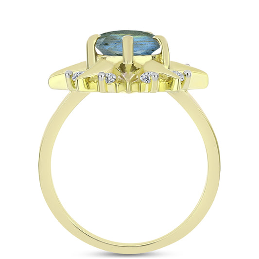 Anillo de Plata Bañada en Oro con Labradorita y Topacio Blanco