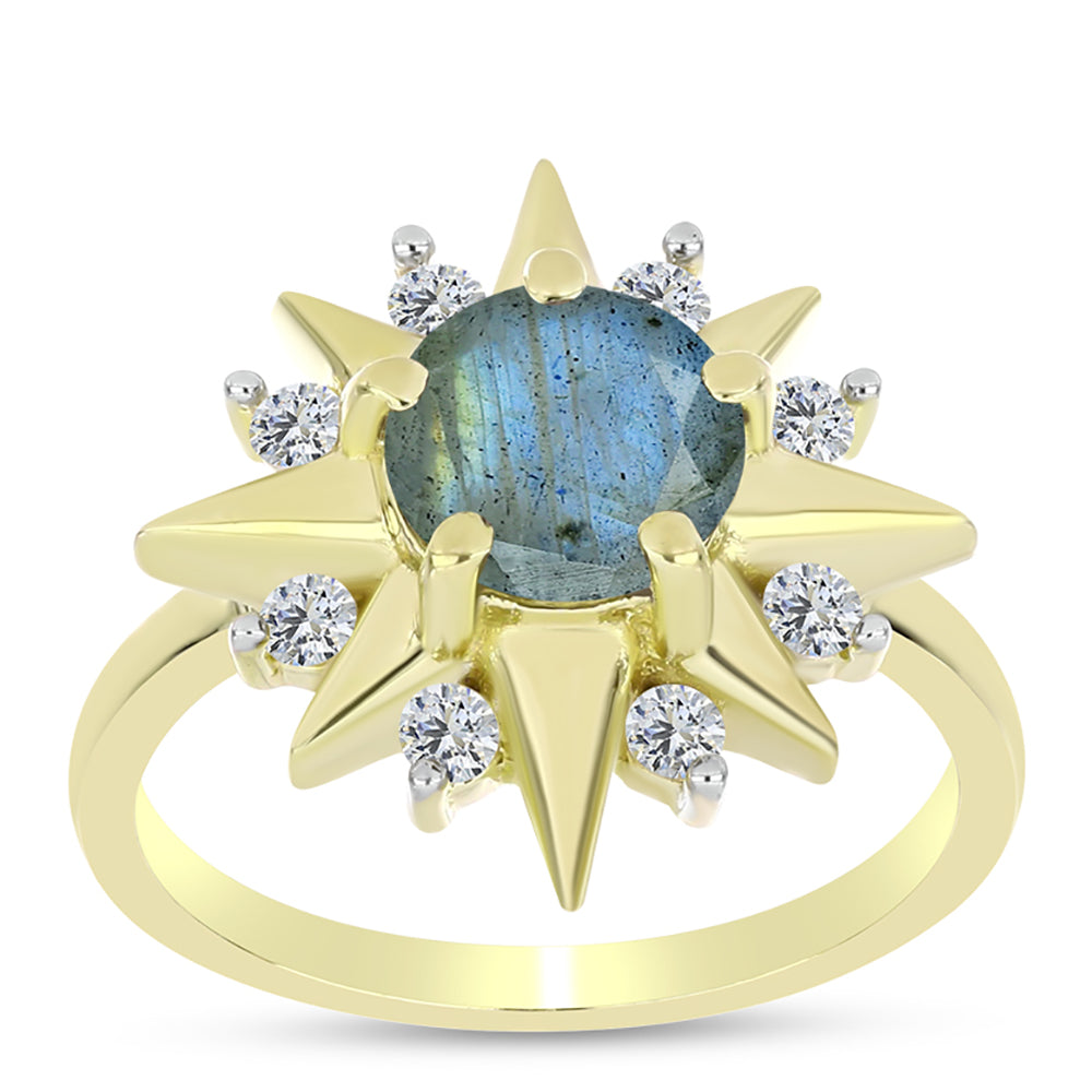Anillo de Plata Bañada en Oro con Labradorita y Topacio Blanco