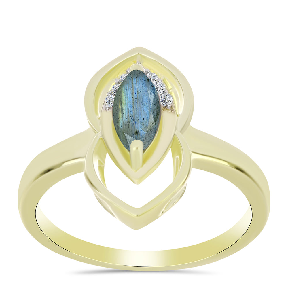Anillo de Plata Bañada en Oro con Labradorita y Topacio Blanco 3 